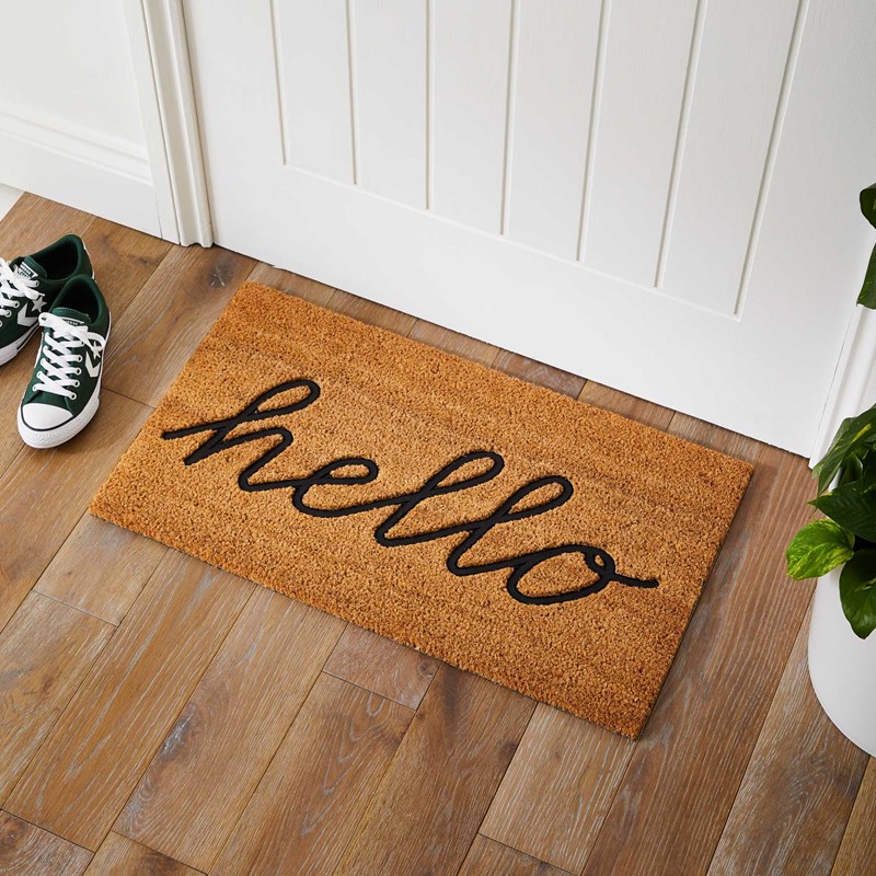 Hello Embossed Coir Doormats in Natural buy online from the rug seller uk